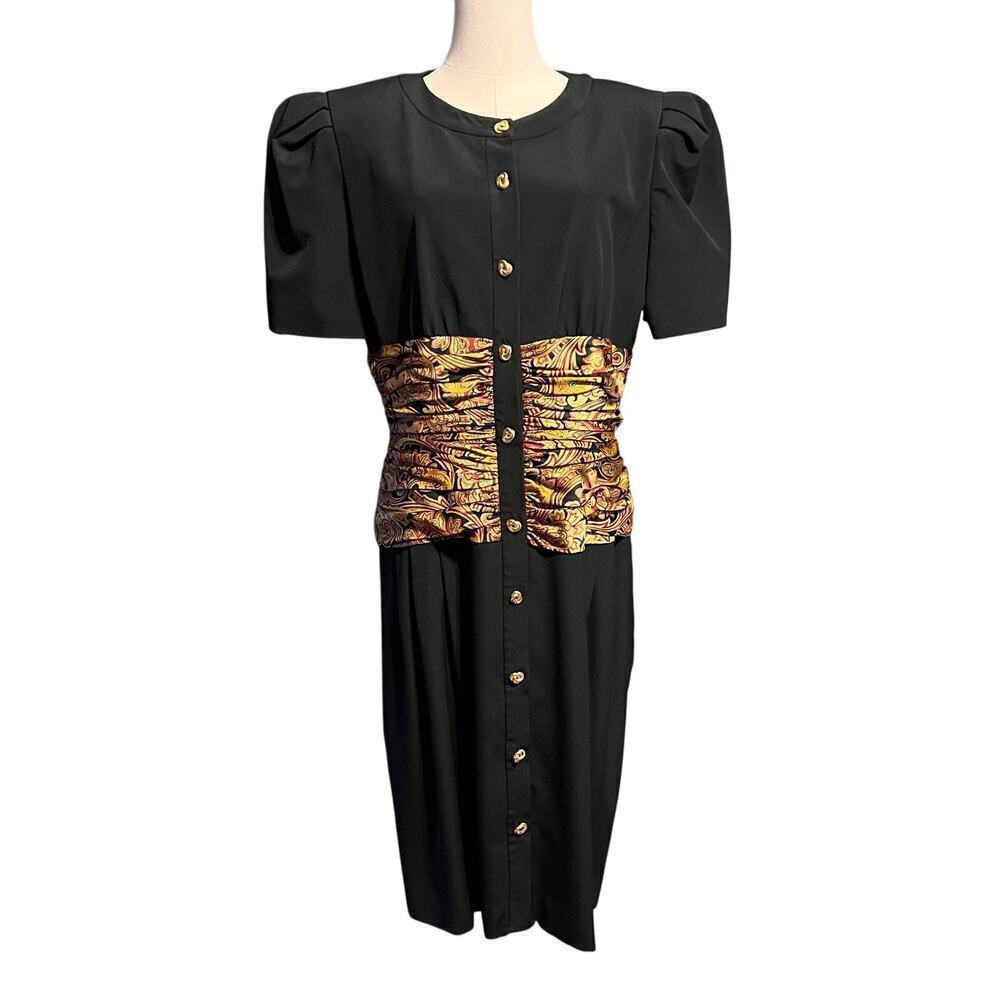 Richard Warren Vintage Black Dress with Silk Paisley Accent. Size 14